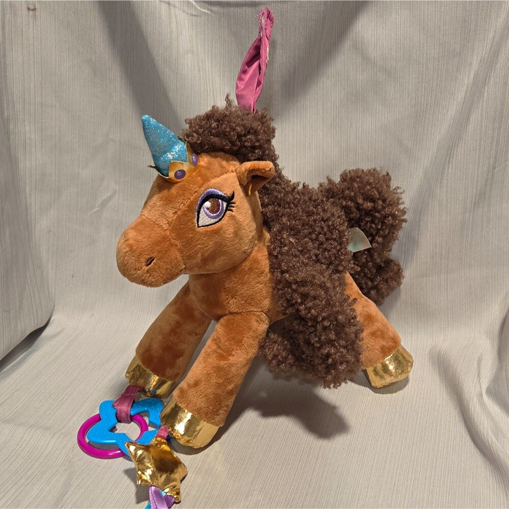 Unique Plush Fantasy Afro Unicorn Pony Stuffed Brown Curly Mane Horn Gold Hooves